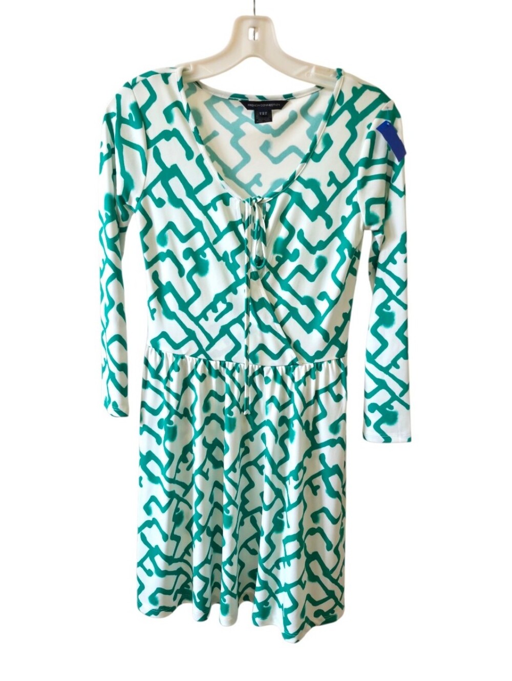 French Connection Geo Print Fit & Flare Dress 3/4 Sleeve Tie Green White US 4
